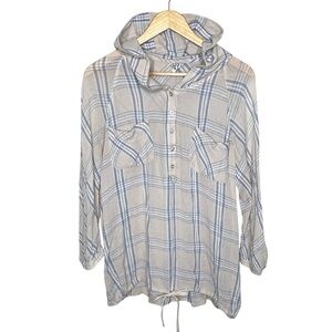 Free People Plaid Gauzy Pullover Hoodie Shirt Tan Large